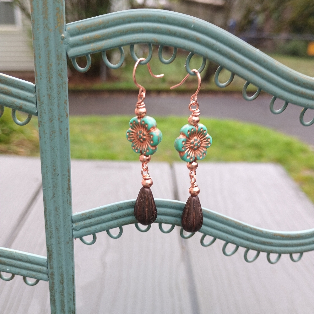 Floral Copper and Turquoise Color Earrings